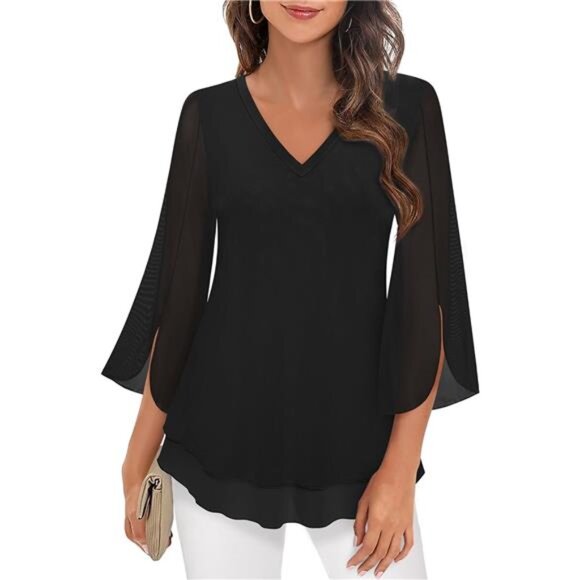 Women's Sleeve Floral Blouse – Double Layer V-Neck Dressy Tunic Top - Picture 1 of 8